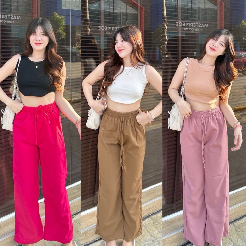 Dzaishop กางเกงขายาว เอวสูงขากระบอก ผ้าไมรโครเอวยืด มาพร้อมเสื้อกล้ามคอป (ขายแยกน้า)