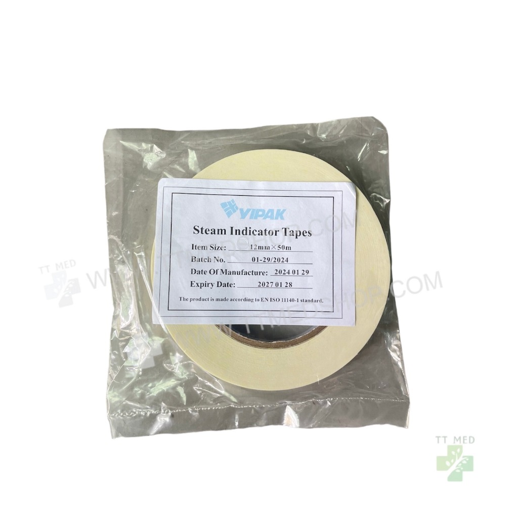 autoclave tape 1/2 (YIPAK) เทปกาวใช้ร่วมสำหรับการนึ่งฆ่าเชื้อ 12mmx50m