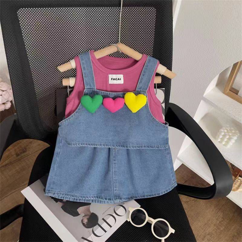 [Y D]318 พร้อมส่ง ชุดเซ็ท3ชิ้นเด็กผู้หญิง เสื้อกล้าม+เสื้อกั๊กยีนส์+กระโปรงยีนส์