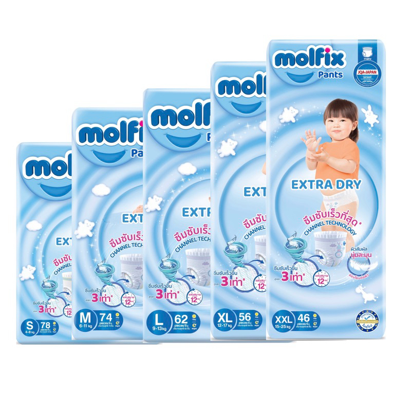Molfix Extra Dry โมลฟิกซ์ กางเกงผ้าอ้อมเด็ก แพมเพิสสำเร็จรูป เอ็กซ์ตร้าดราย ไซส์จั้มโบ๊ แพ็ค 1 ห่อ