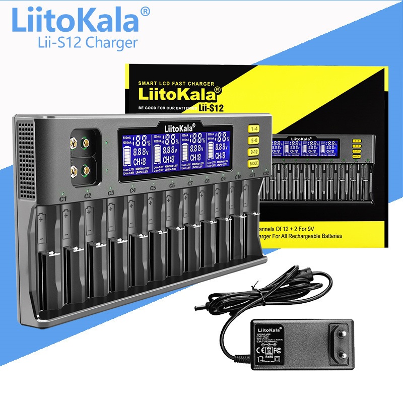 เครื่องชาร์จถ่าน LiitoKala Lii-S12 ชาร์จได้ 12 ก้อน รองรับ 26650，21700，20700, 18650, 18490, 18350 AA AAA - Battery Charg