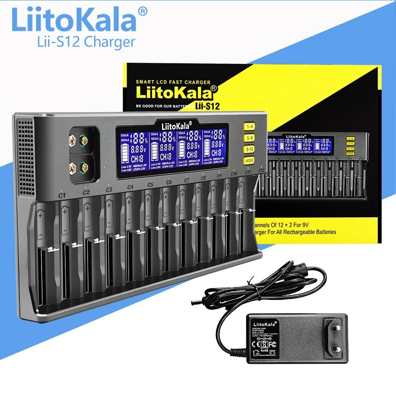 เครื่องชาร์จถ่าน LiitoKala Lii-S12 ชาร์จได้ 12 ก้อน รองรับ 26650,21700,20700, 18650, 18490, 18350 AA AAA - Battery Charg