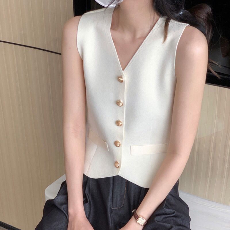 Lady_Sakura A1328/CA#เสื้อกั๊ก งานไหมพรม ใส่เป็นกั๊กหรือเป็นเสื้อได้(กระดุมทองใช้งานได้จริง)งานสวย
