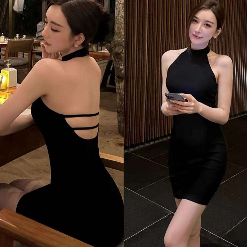 (มี4size)พร้อมส่งชุดมินิเดรสเข้ารูป ดีไซน์คล้องคอ เปิดหลังเซ็กซี่
