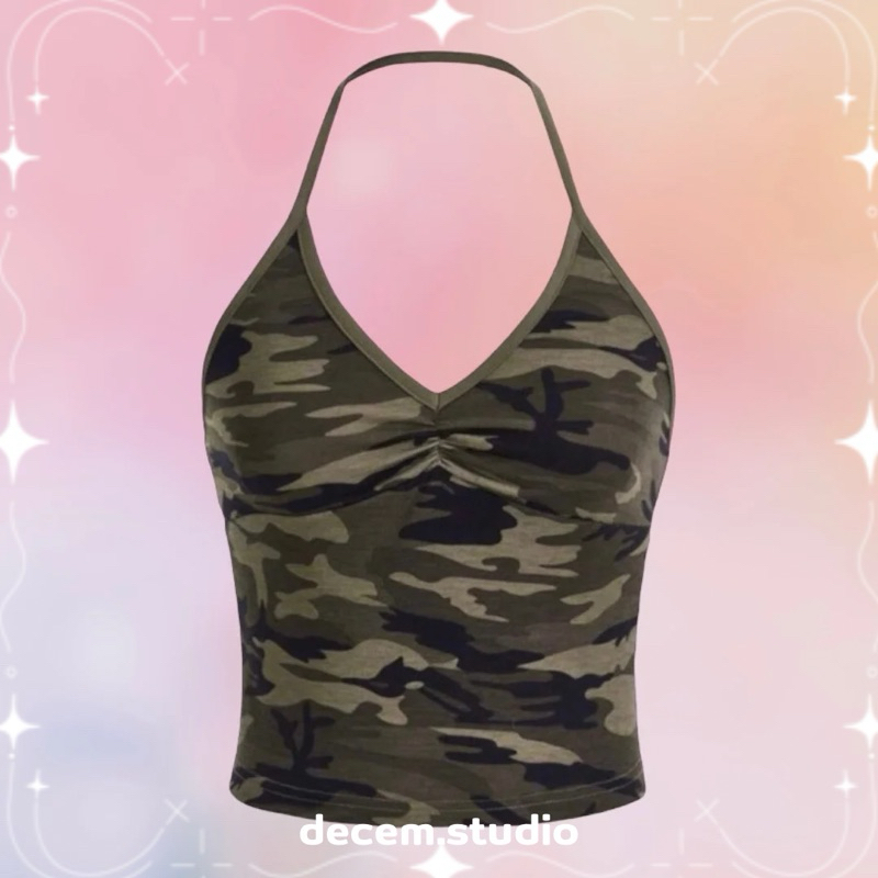 พร้อมส่ง‼️ เสื้อคล้องคอ ลายพราง จับจีบหน้า เสื้อแฟชั่น