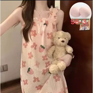 98-1ส่งจากไทย--ชุดนอนกระโปรงผู้หญิง มีฟองน้ำ พอมลาย เนื้อผ้าฝ้าย ใส่สบาย