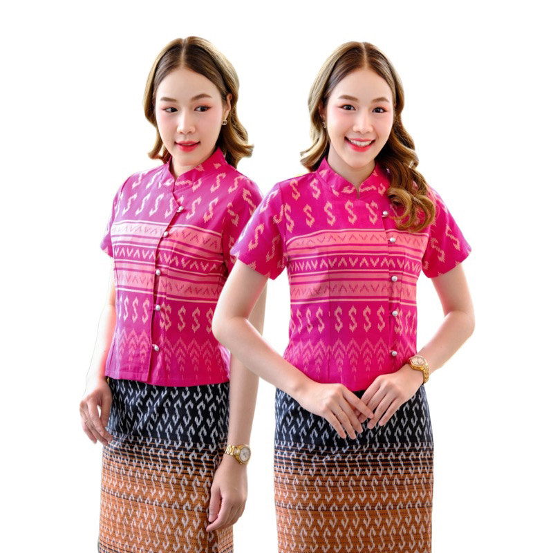 เสื้อพื้นเมืองผู้หญิงลายขอคอจีนป้าย แขนสั้น