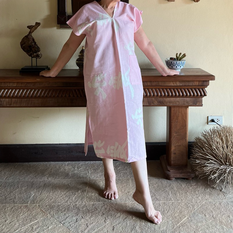 (ชมพูพิมพ์ขาว) ชุดพื้นเมือง ใส่เที่ยวสงกราต์ ไปวัด ผ้าฝ้ายนิ่ม dress