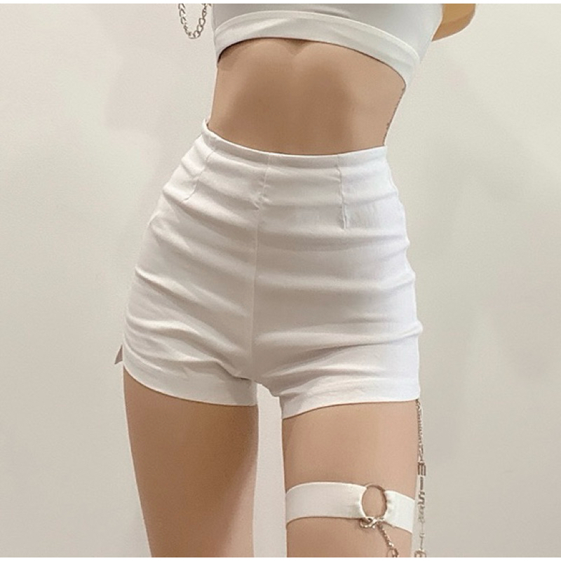 [C2]พร้อมส่งในไทย🖤(สีดำ/ขาว)กางเกงขาสั้น มีสายรัดขาคล้องโซ่ รัดรูป สไตล์สตีทโคฟเวอร์ ใส่เต้น