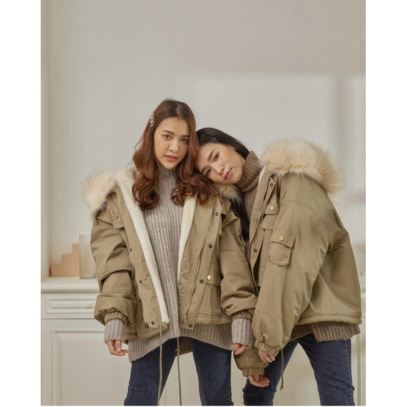 sac.bangkok รุ่น FUR JACKET เสื้อแจ็คเก็ตพร้อมเฟอร์ฮูด (สามารถถอดออกได้นะคะ) สี Beige green