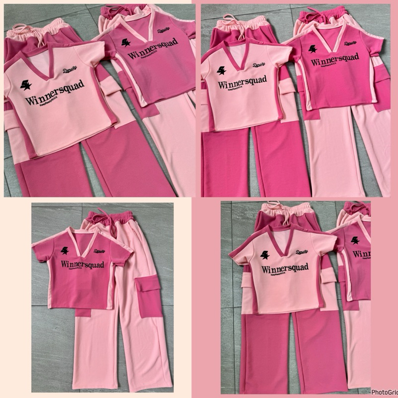 ชุดเซ็ต เสื้อครอปทูโทน+ขายาวคาร์โก้สไตล์สีชมพู น่ารักๆ สีหวานสุดๆ