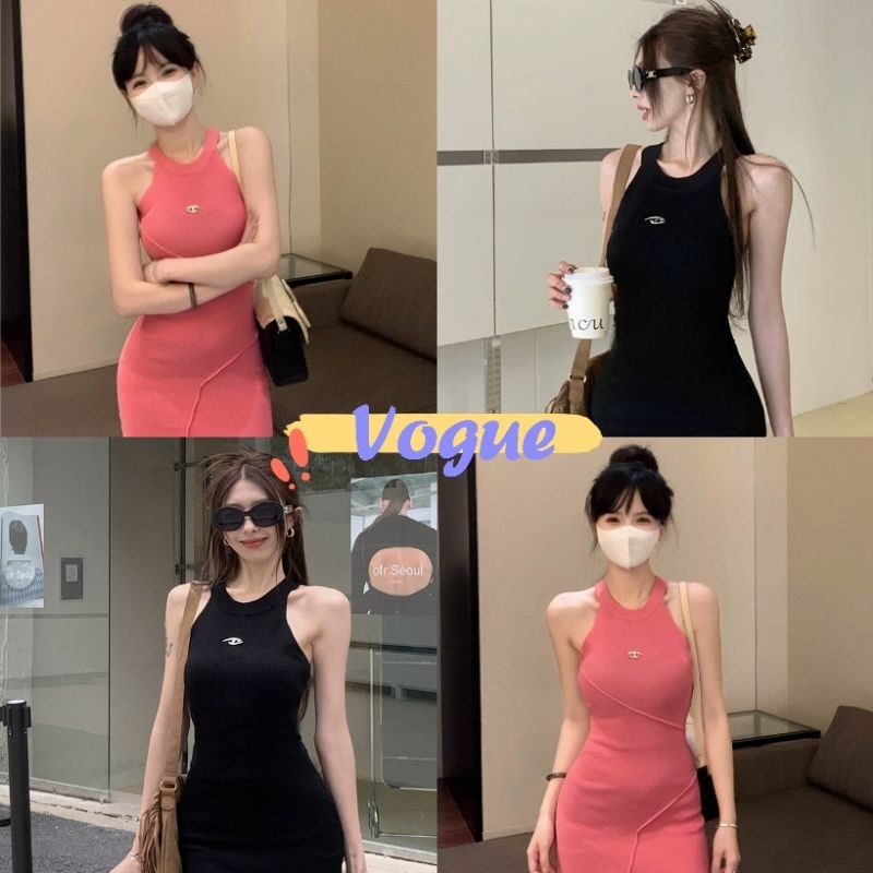 Vogue🌟พร้อมส่ง🌟 ชุดเดรสแขนกุด ชุดเดรสบอดี้คอนคล้องคอ สีสดใสโชว์หุ่นของคุณ  (Z10)