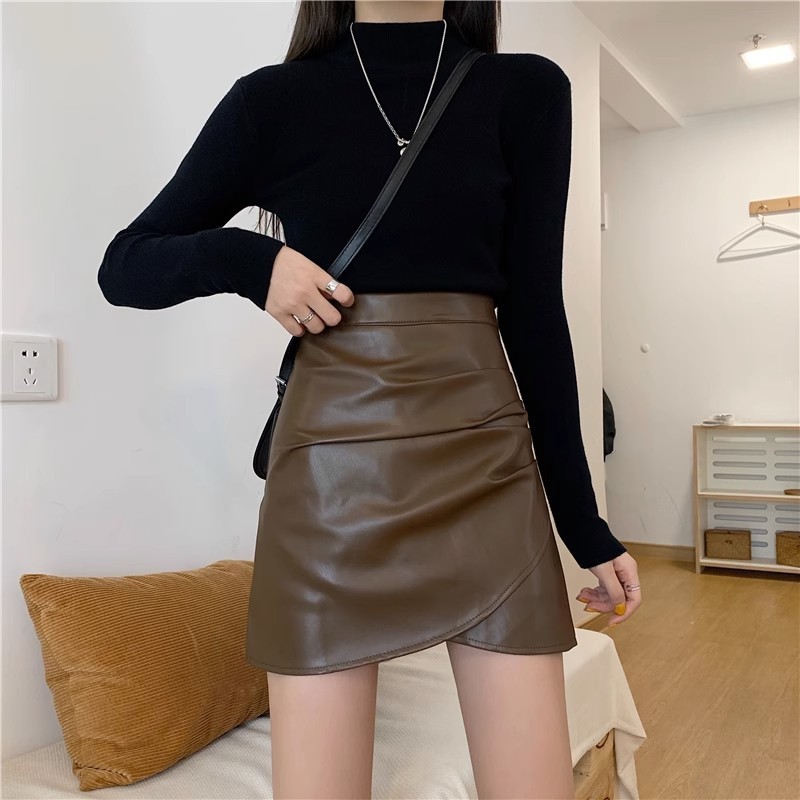 กระโปรง Midi จีบหนัง PU สำหรับผู้หญิง เอวสูงและเข้ารูปพอดี รูปร่าง A-line ไม่สม่ำเสมอ สไตล์เกาหลีที่สดชื่นและหวาน
