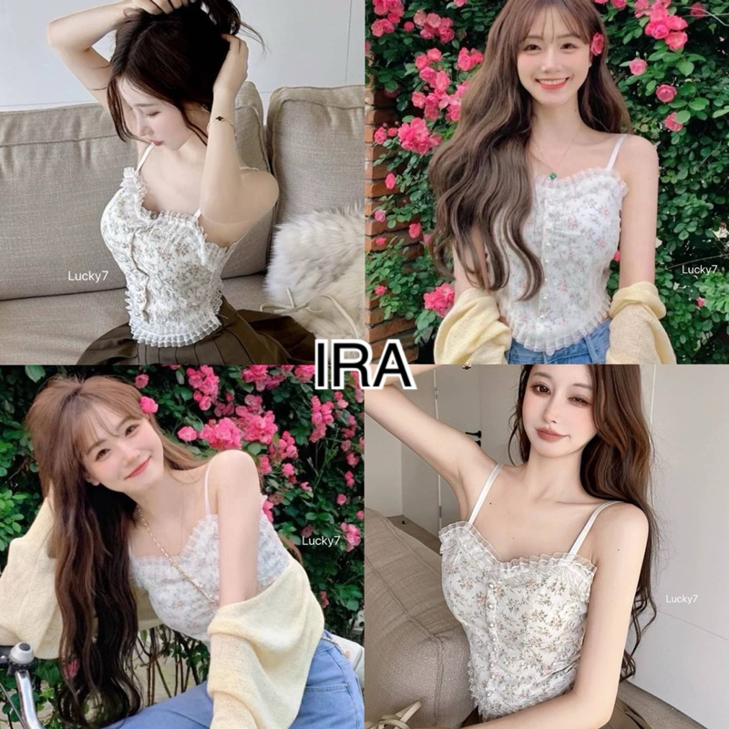 BY IRA Angel Lace Bra Top สายเดี่ยวลูกไม้ กระดุมแต่งมุก สายปรับได้ สม็อคหลัง มีฟองน้ำเสริม สไตล์เกาหลีเกาใจ เวอออร์