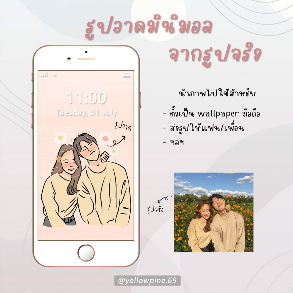รูปวาดมินิมอล (วาดจากรูปจริง) Minimal ของขวัญ รับปริญญา วันครบรอบ รูปวาดตามสั่ง Wallpaper ลายเส้นVer.1 + การ์ดThank you