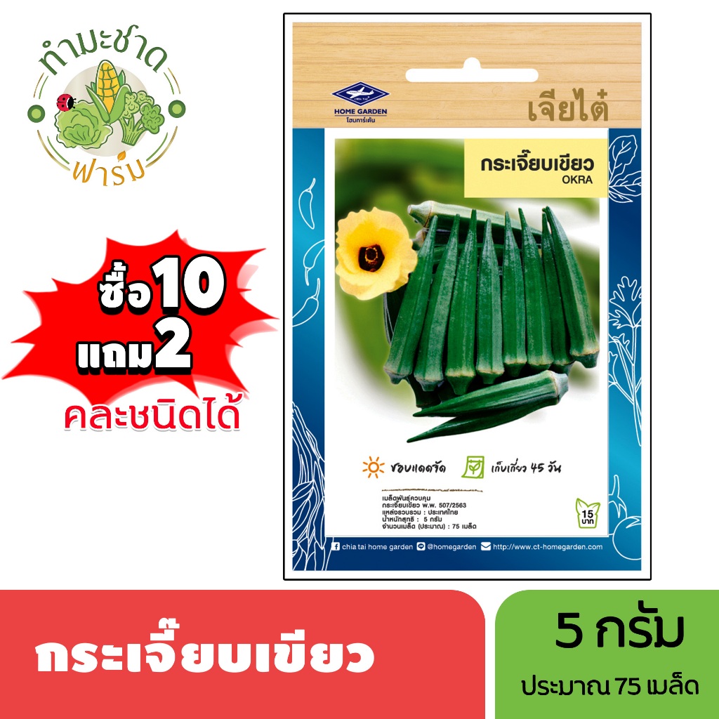 เจียไต๋ (ซื้อ10แถม2) เมล็ดพันธุ์ กระเจี๊ยบเขียว ขนาด5กรัม ประมาณ75เมล็ด Okra กระ