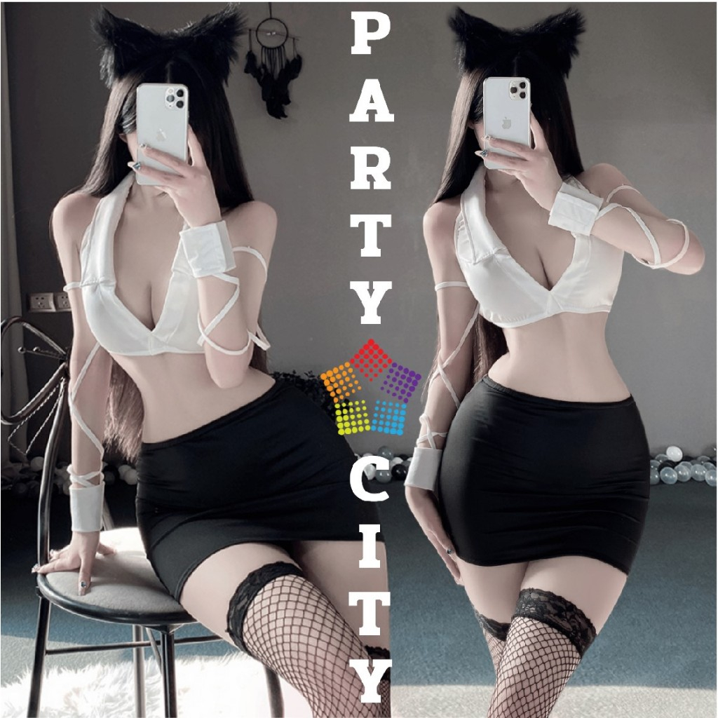 PARTY CITY ชุดคอสเพลย์ ชุดสาวออฟฟิศ ชุดเซ็กซี่ ❤️ คอวีกระโปรงรัดรูป สายรัดแขน PC-1238 – โปรปัง