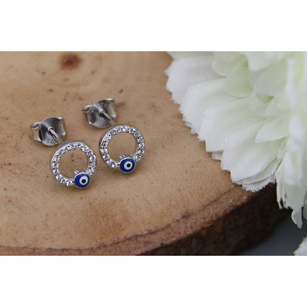 [พร้อมส่ง] ต่างหูเงินแท้ 925 CZ Blue Evil Eye / silver earrings CZ Blue Evil Eye. Silver thai Jewelr