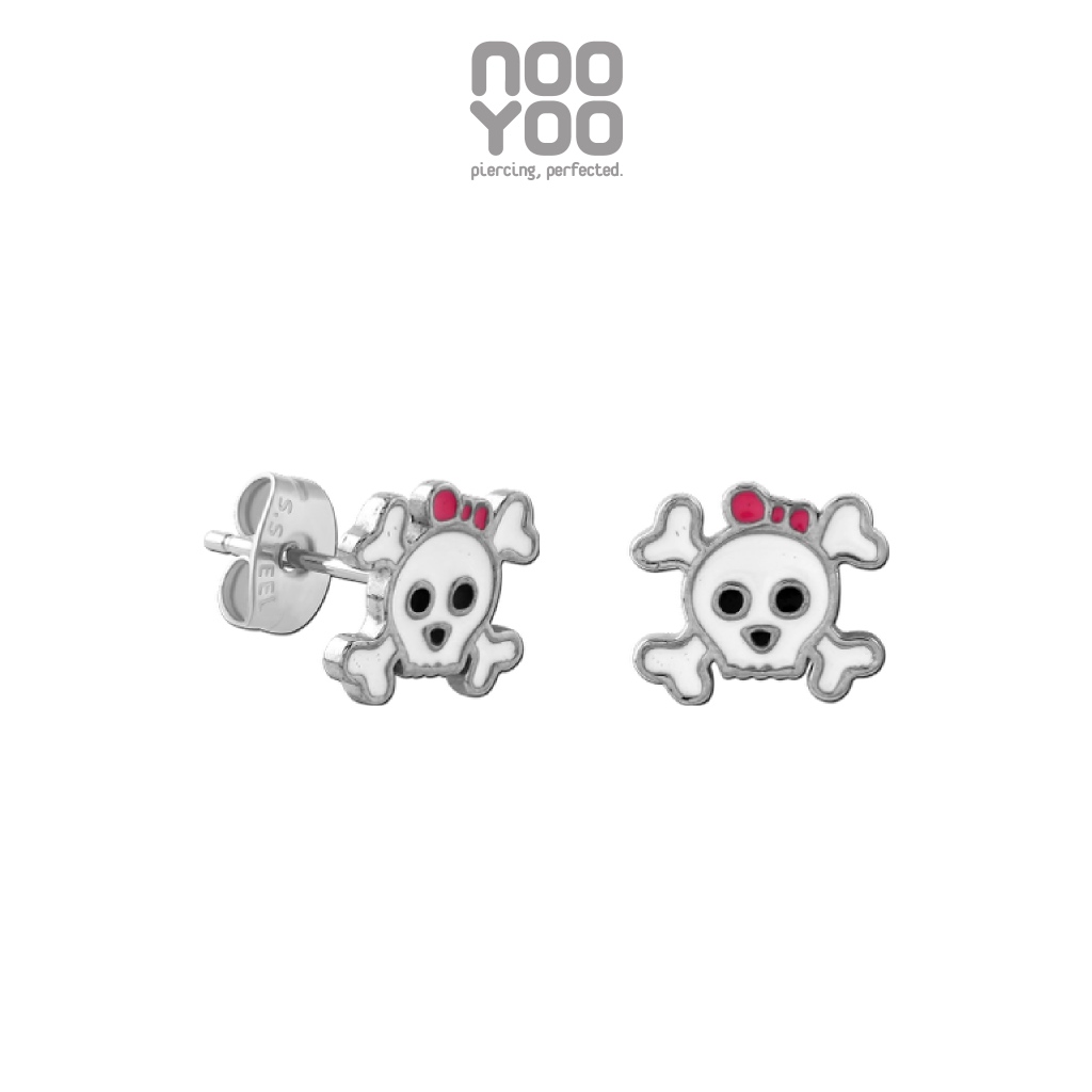 NooYoo ต่างหูสำหรับผิวแพ้ง่าย Little Skull & Cross Bone ENAMEL Surgical Steel