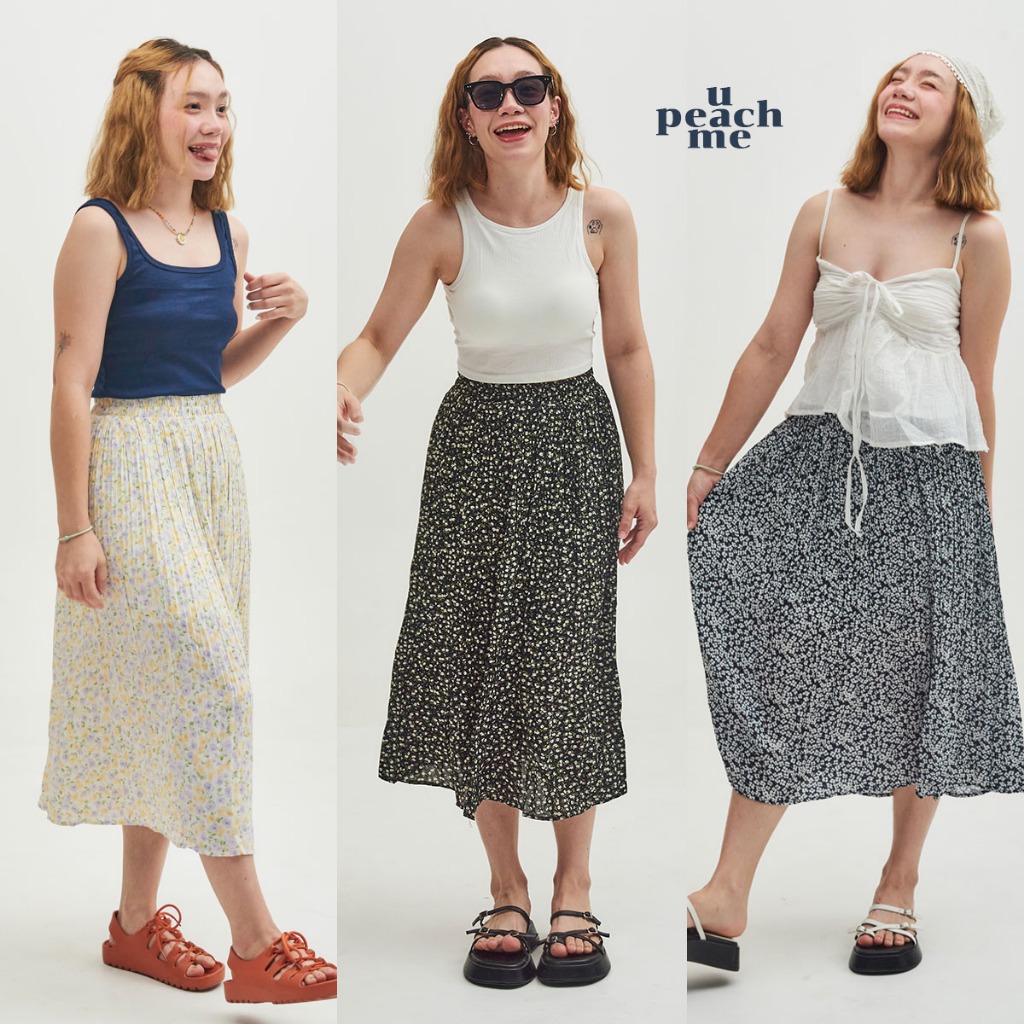 upeachme(E9) Floral Pleated Skirt [เอว24-34] กระโปรงพลีทผ้าชีฟองลายดอกไม้ กระโปรงพลีทยาวใส่ทำงานพิมพ์ลาย
