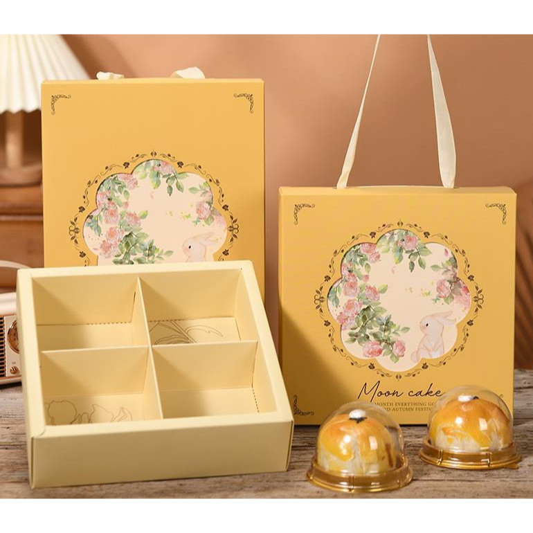 กล่องขนมไหว้พระจันทร์ หูหิ้ว 4/6/9 ช่อง 18x18x5.2 ซม. ดอกไม้ กล่องมูน ขนมเปี๊ยะ กล่องของขวัญ ของฝาก mooncake MOON138