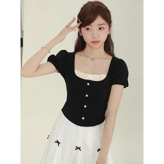 BY IRA (736) Kate Crop top ครอป ท็อป แต่งระบายช่วงอก ดีเทล แขนตุ๊กตา ด้านหน้าติดกะดุมหน้ารักๆ