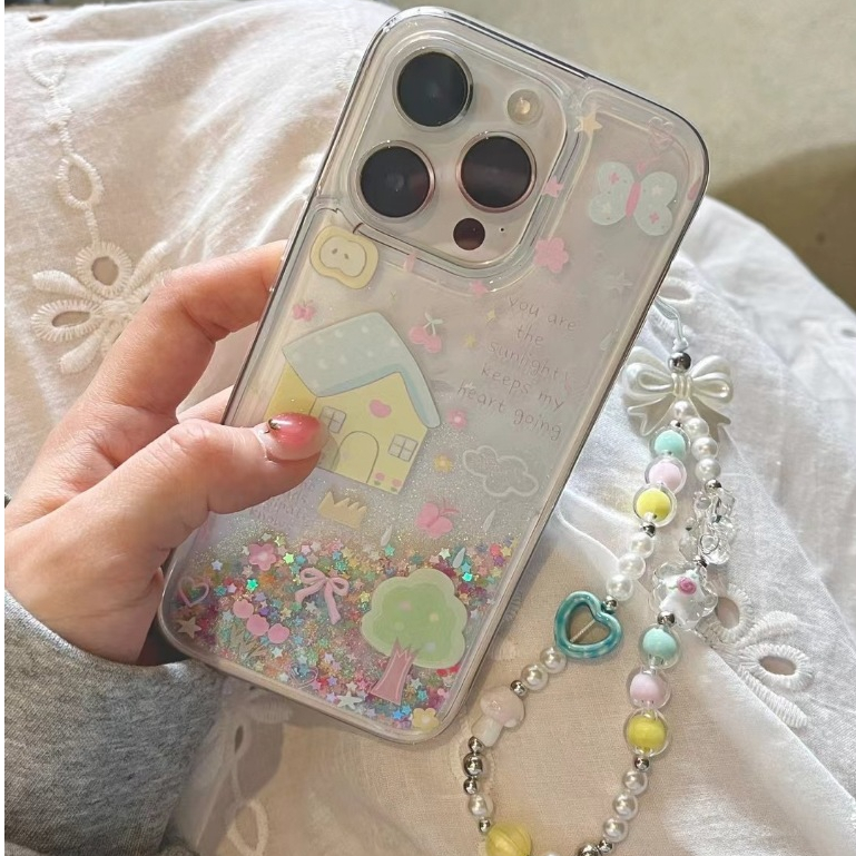 จัดส่งภายใน24ชม ทรายดูด ผีเสื้อ เคส iPhone 14 15 pro max หวานสวย เคสใส รุ่นโซ่ สีขาว case for iPhone 11 12 13 เคสไอโฟน