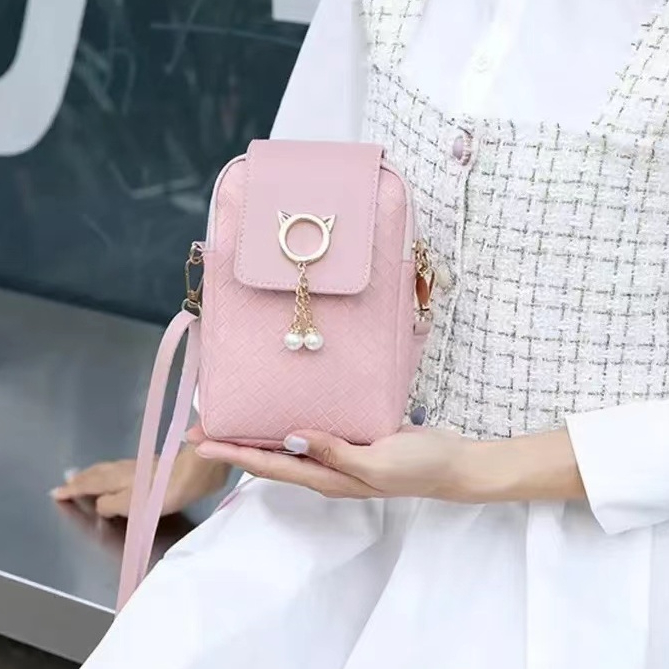 กระเป๋าแฟชั่น ทรงตั้งใส่โทรศัพท์มือถือ หน้าหูแมว ตกแต่งด้วยลูกปัดสุดแสนน่ารัก พกพาสดวก