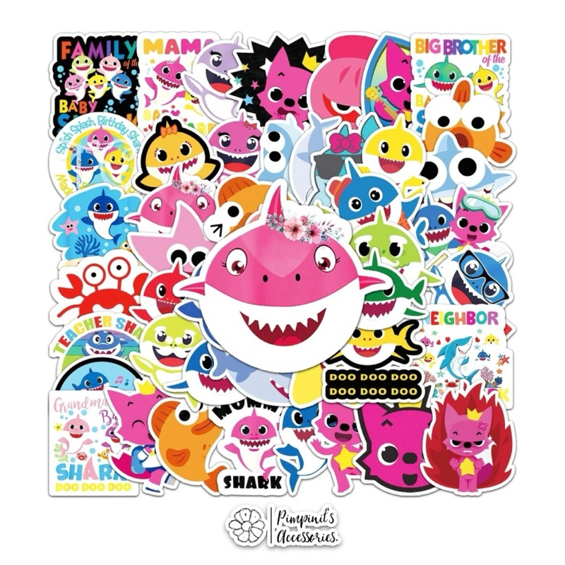 ร้านในไทยพร้อมส่ง : สติ๊กเกอร์กันน้ำลายเบบี้ชาร์ค | Baby Shark Waterproof Decoration Sticker Set.