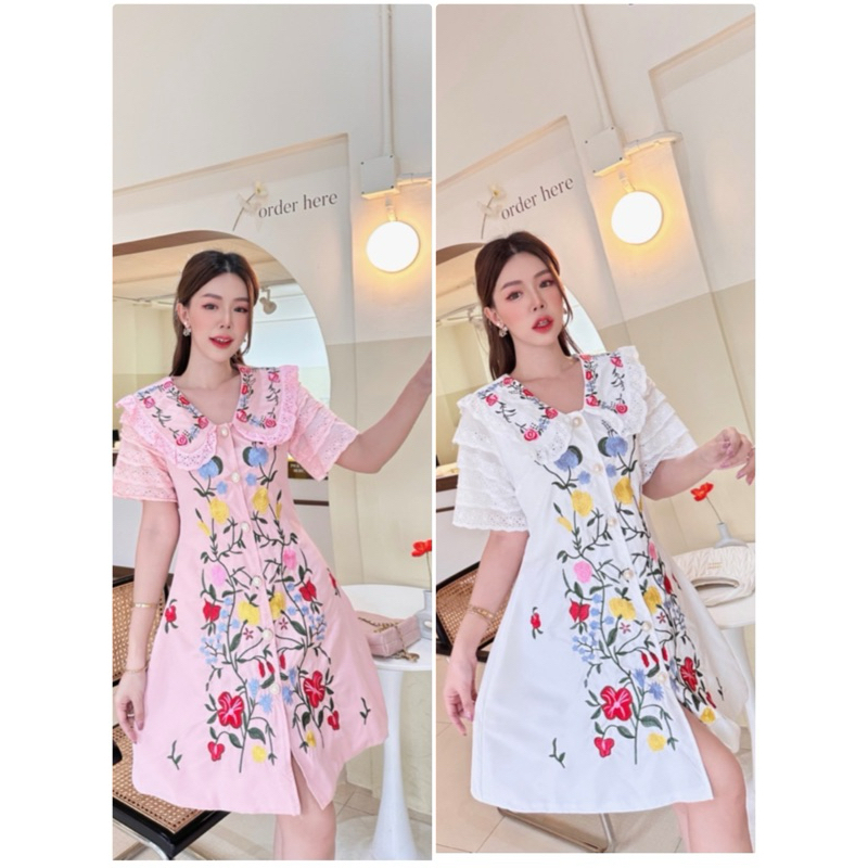 งานป้าย Bo Rich Ta Size M-2XL เดรสสั้นคอปกงานปักดอกทั้งชุดสุดอลัง กระดุมหน้า งานปักสวยจึ้ง งานตามหา 