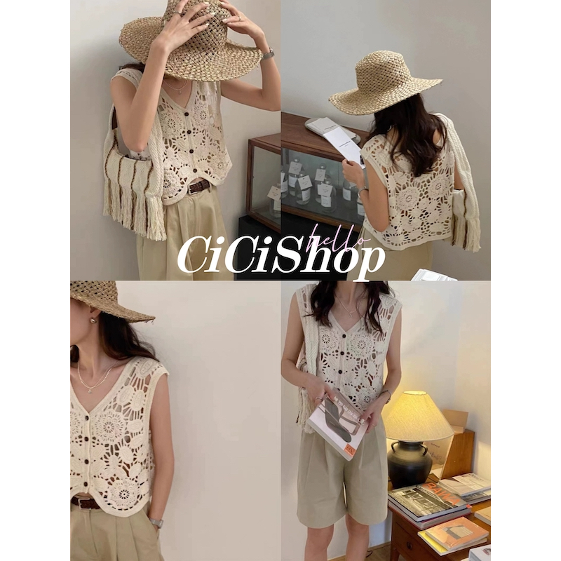 Cicishop(25260)เสื้อกั๊กไหมพรมผ้าถัก ลายดอกไม้ ดีเทลกระดุมหน้า สไตล์สาวมินิมอล250