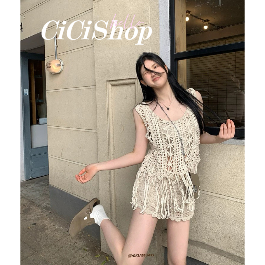 Cicishop(17870)เสื้อแขนกุดผ้าถัก ลายตารางดอกไม้ ประดับพู่ สไตล์ฮิปเตอร์