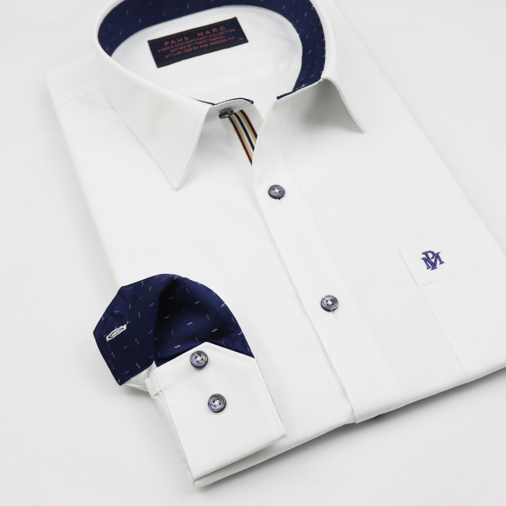 PAUL MARC เสื้อเชิ้ตแขนยาว สีขาว slim fit Signature Twill ดีเทลแต่งผ้าพิมพ์สีกรมท่า PCH1AD6C04C รูปที่ 2
