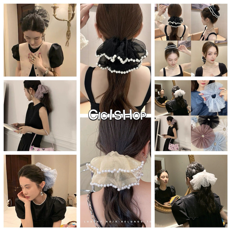 Cicishop(276/195)ยางรัดผมผ้าชีฟอง แต่งมุก ลูกคุณหนูน่ารักสุดๆ