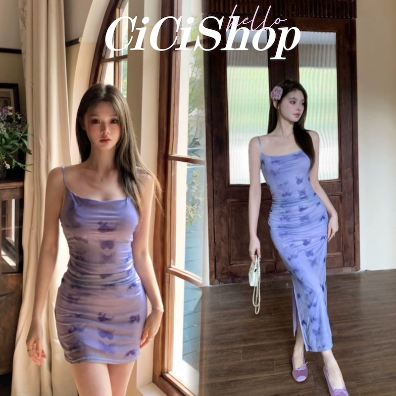 Cicishop(3156/3157)เดรสสายเดี่ยวผ้าซีทรู ยาว/สั้น ลายผีเสื้อ มีซับใน สไตล์สาวฮาวาย