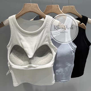 เสื้อกล้ามครอป 🥇เสื้อกั๊กหญิง Built-in Bra Tank พร้อมแผ่นรองหน้าอกคอกลม ทำจากผ้าฝ้าย ⛩ มี4สีให้เลือก