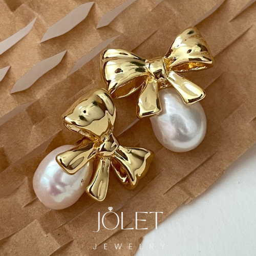 jolet ต่างหูโบว์ไข่มุก ต่างหูไข่มุก สีทองแบบเสียบเรียบหรูดูแพง