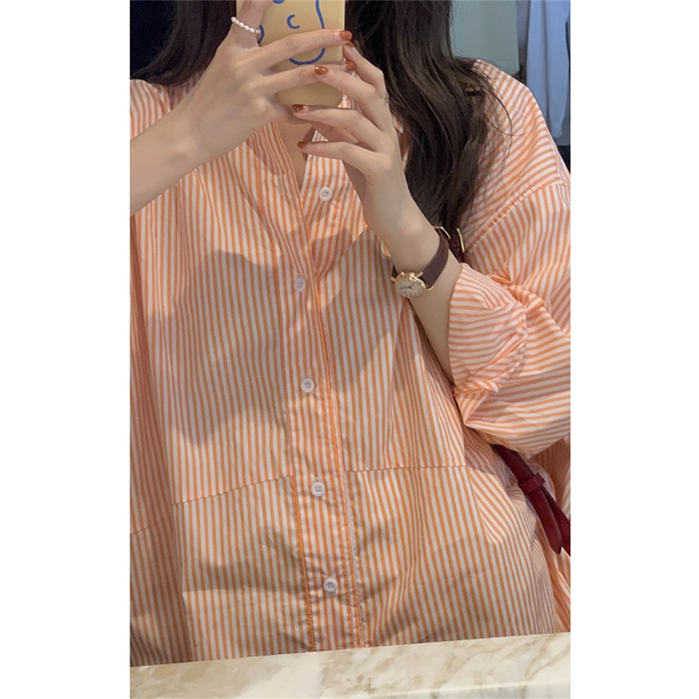 PB2859 เสื้อเชิ้ตใหม่!! ลายทาง เสื้อผ้าแฟชั่นเกาหลีผู้หญิง แขนยาว คอปก เสื้อคลุม Orange/freesize