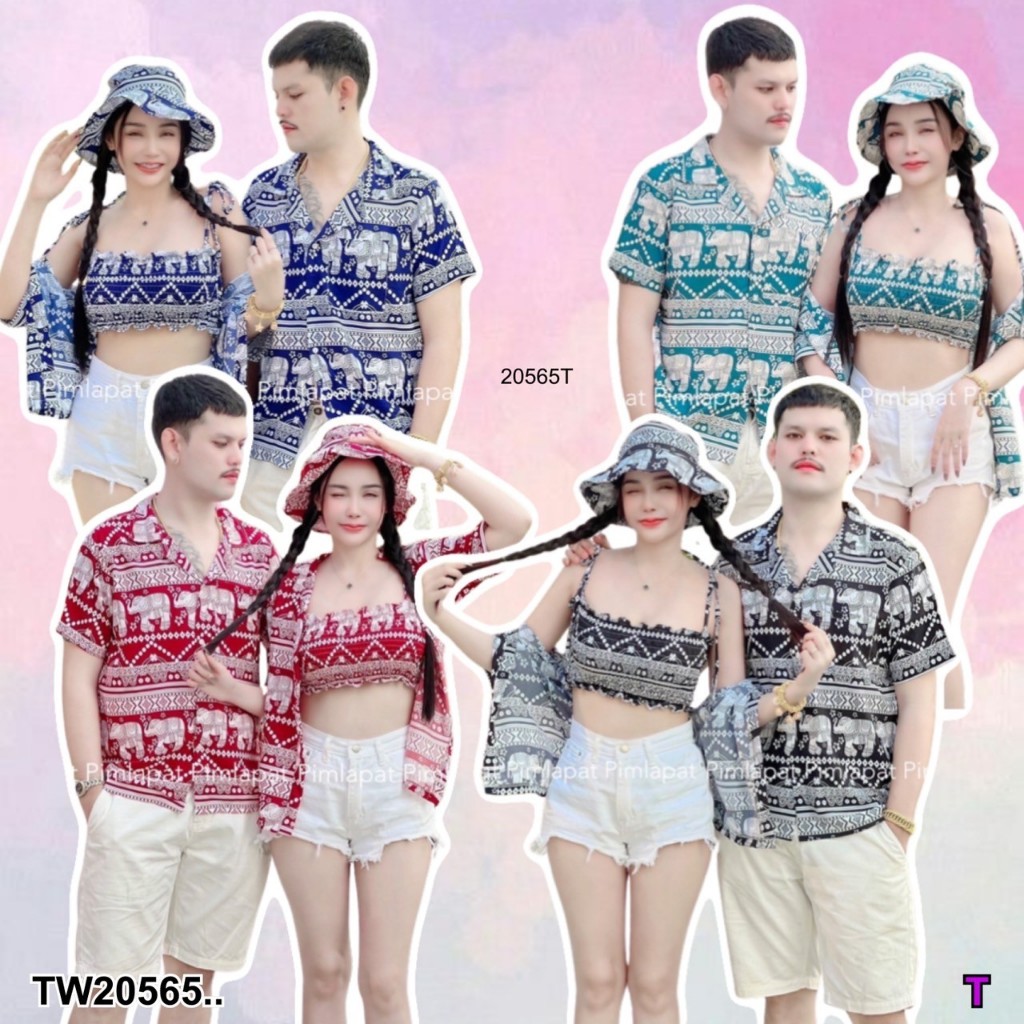 TwinsShopVip พร้อมส่ง TW20565 set คู่ ลายช้าง เสื้อฮาวาย + เสื้อสายผูกไหล่ กับ้สื้อคลุม + หมวกบัคเก็ต ..