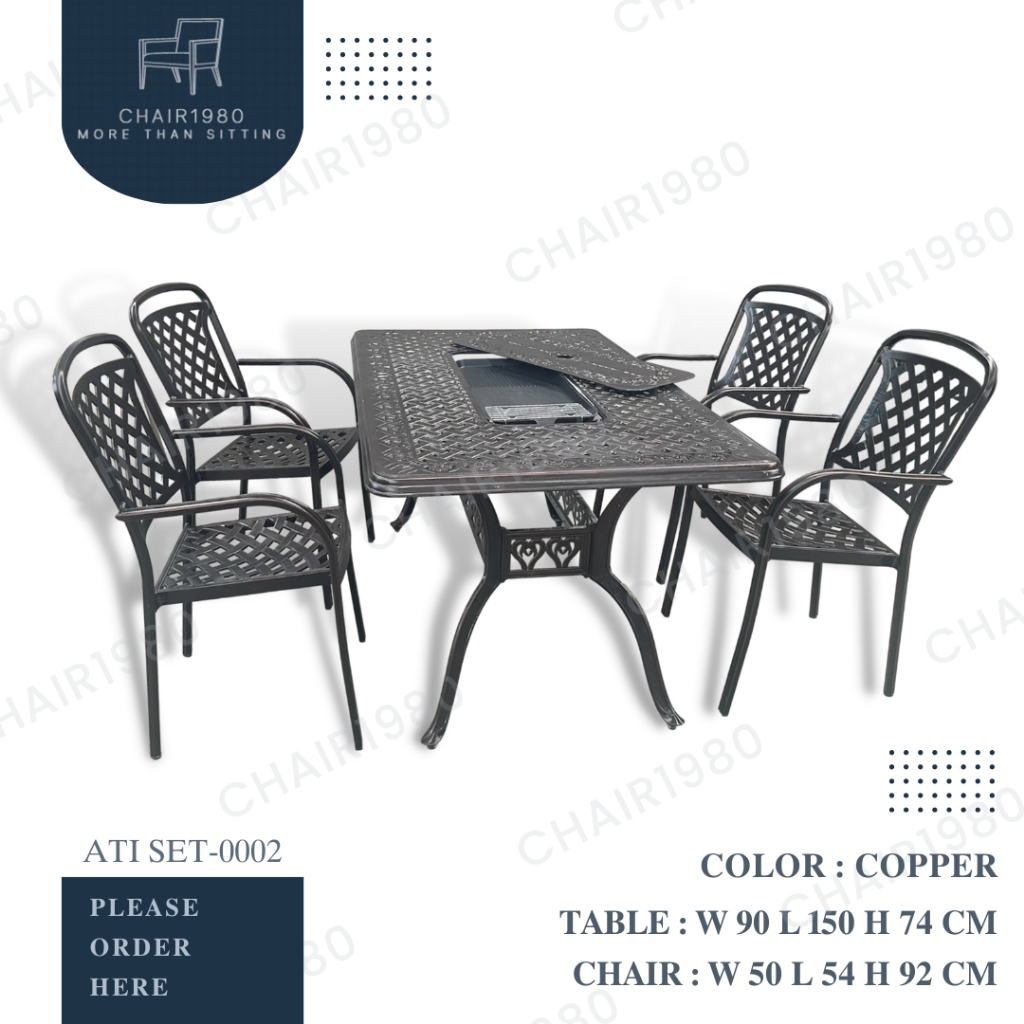 ชุดโต๊ะเหลี่ยมเตาปิ้งบาบีคิว ชุดโต๊ะใหญ่ /โต๊ะกินข้าวสนามงานอลูมิเนียม สีบรอนซ์ /โต๊ะ1เก้าอี้4ตัว=1ชุดแถมเตาปิ้ง