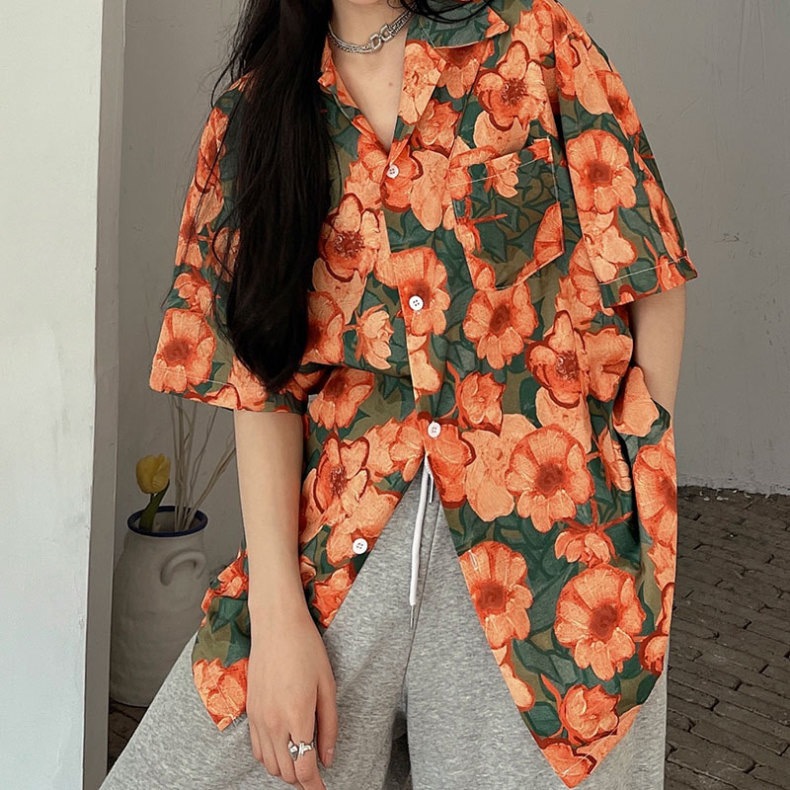 เสื้อฮาวาย วินเทจ แขนสั้น ลายดอก สไตล์เกาหลี ระบายอากาศ ใส่เที่ยวทะเลคือปัง พร้อมส่ง