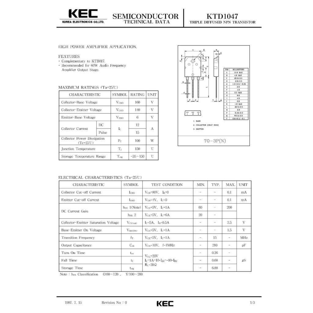 D1047 B817 ทรานซิสเตอร์ ยี่ห้อ KEC 12A 200V 100W เกรด A คุณภาพสูง ใช้ในขยาย/อินเวอร์เตอร์ - รูปที่ 4