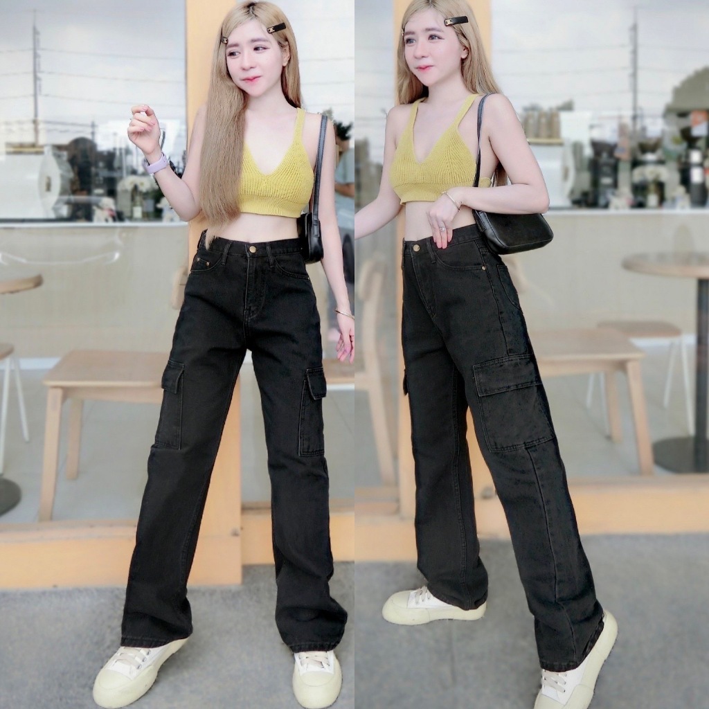 Cc jeans 099 กางเกงยีนส์ ทรงกระบอก คาร์โก้ ไม่ยืด สีดำ