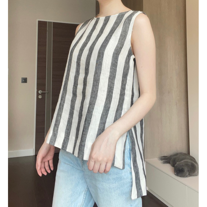 L4เสื้อแขนกุดผ้าลินินทอลายริ้ว