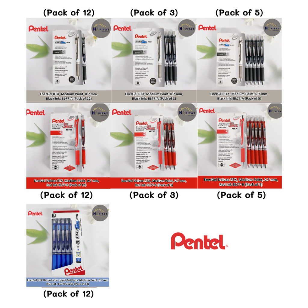 {Pentel®} EnerGel RTX Retractable Liquid Gel Pens, Medium Point, 0.7 mm, รุ่น BL77-A, BL77-B, BL77PC