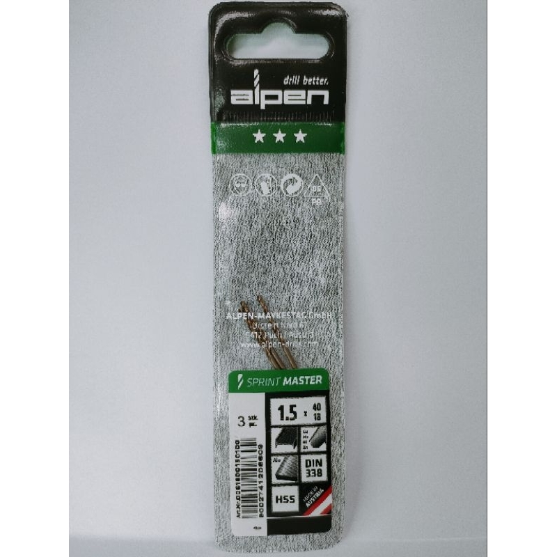 ดอกสว่านเจาะเหล็ก/Alpen/HSS Sprint Master ขนาด1.5mm.
