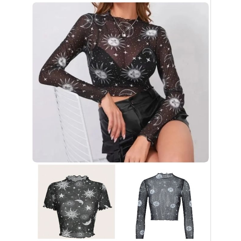 พร้อมส่ง! เสื้อครอปซีทรู พิมพ์ลาย,Crop top See through Black & White