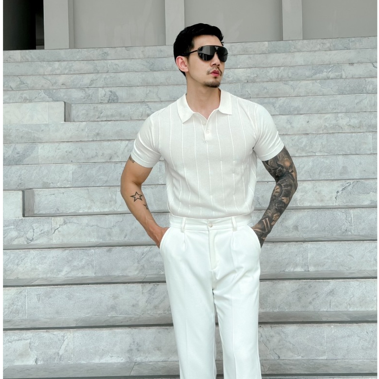 ROBMAN เสื้อโปโลผู้ชายเท่ๆ Style เกาหลี ชายสายฝอ RM1001 สีขาว High Quality Shirt
