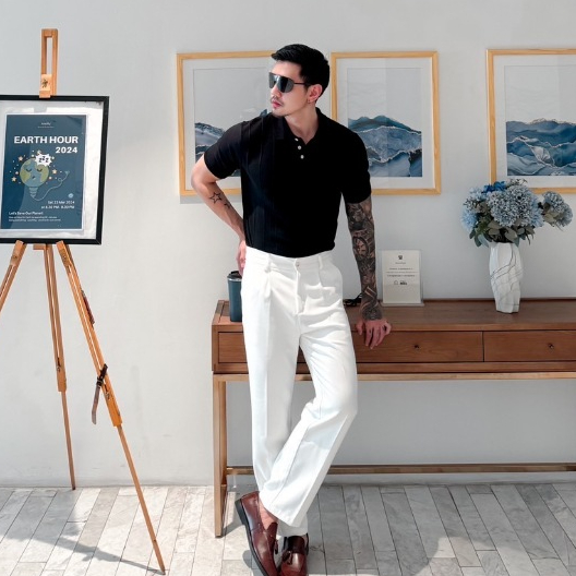 ROBMAN เสื้อโปโลผู้ชายเท่ๆ Style เกาหลี ชายสายฝอ RM1001 สีดำ High Quality Shirt