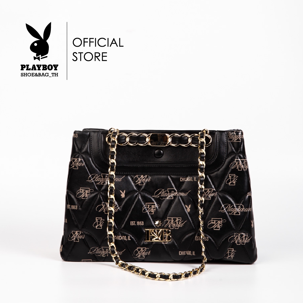 Playboyกระเป๋าสะพายข้างผู้หญิงลิขสิทธิ์แท้รุ่นST-B242PB562ดีไซน์กระเป๋าทรงช้อปปิ้งพิมพ์ลายโลโก้ สายโซ่ มี 2 สี ดำ/ชมพู